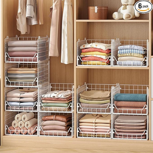 Jakyitvi 6-Tier Closet Shelf Organizer,Metal Stackable Closet Organizers and Storage,Clothes Storage Bins,Shelf Organizer Basket,Folded Shelf Organizer for Closet Wardrobe,White
