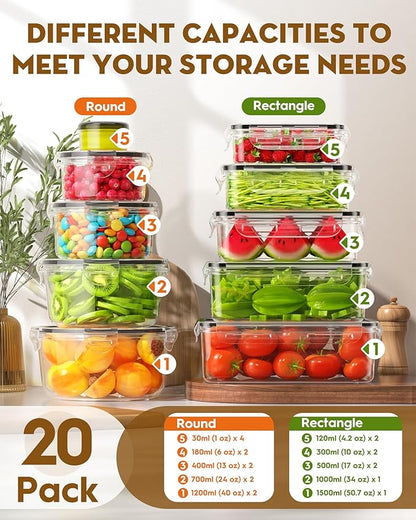 40 PCS Food Storage Containers with Lids Airtight (20 Containers & 20 Lids), 100% Leakproof Meal Prep Container Set for Kitchen Storage, BPA-free, PVC-free Reusable Plastic, Microwave/Dishwasher Safe - Image 2