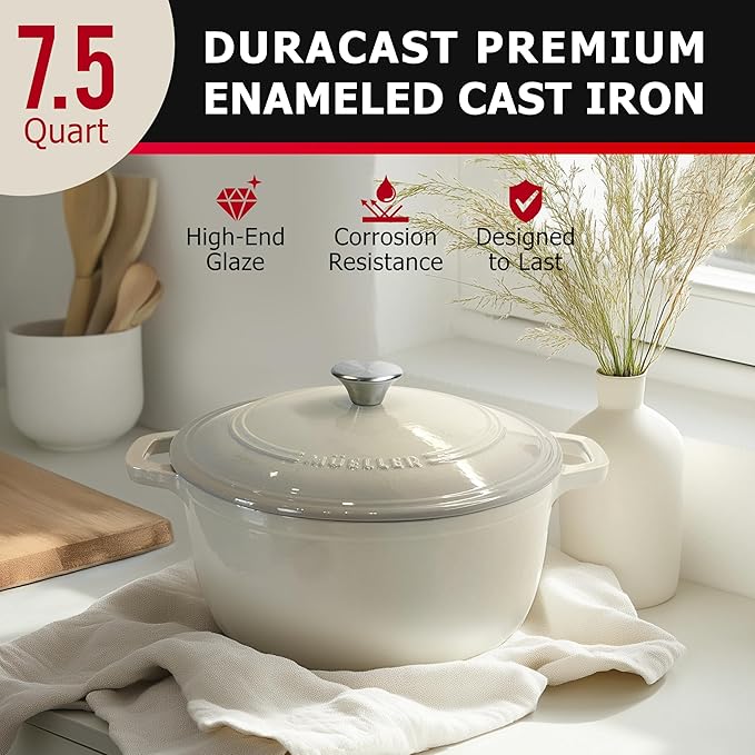 MUELLER HOME 7.5 QT Enameled Cast Iron Dutch Oven, Heavy-Duty Casserole Dish and Braiser Pan with Lid and Stainless Knob, Oven-Safe up to 500° F & Across All Cooktops, Oyster White - Image 2