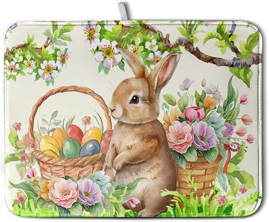 Happy Easter Bunny Kitchen Dish Drying Mat for Dishes 18x24 Inch Spring Colorful Floral Flower Basket Drying Mats Easter Eggs Dish Drainer Mat Super Absorbent Dish Rack Pad for Coffee Bar Sinks by Kwlegh