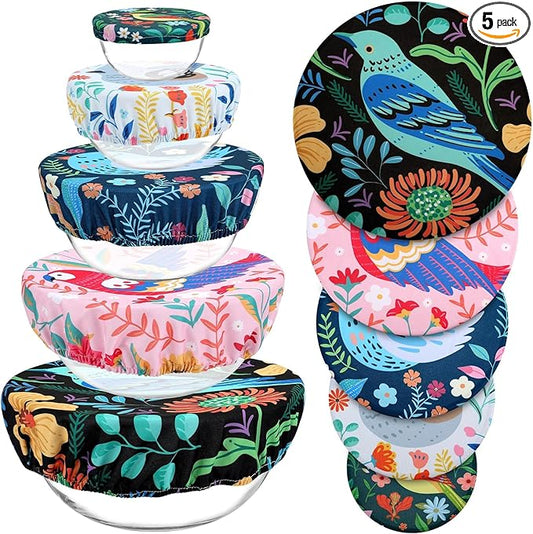 5 Pieces Bowl Covers Reusable, 5 Size Elastic Cloth Bowl Covers for Bread Proofing, Food Covers Washable for Food Fruits Leftover (Floral Bird) by Revahope