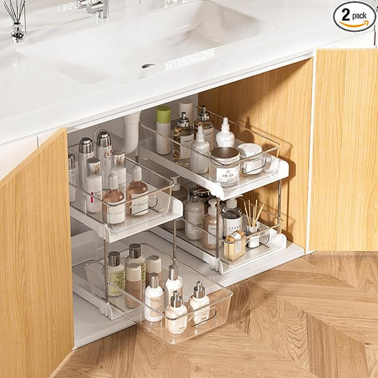 Vtopmart 2 Pack Bathroom Organizer, 2 Tier White Under Sink Organizers Vanity Countertop Storage Container,Cabinet Drawers Bins, Pull-Out Organization with Track for Pantry, Kitchen by Vtopmart