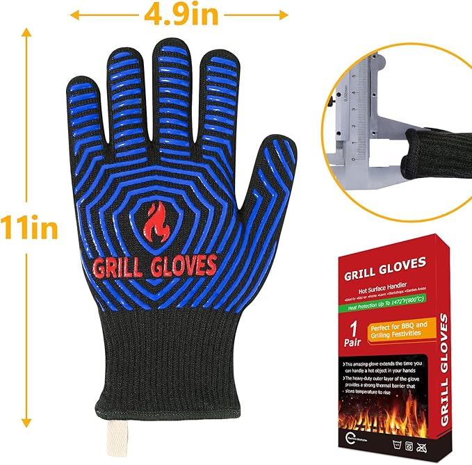 QUWIN BBQ Gloves, Oven Gloves 1472℉ Extreme Heat Resistant, Grilling Gloves Silicone Non-Slip Oven Mitts, Kitchen Gloves for BBQ, Grilling, Cooking, Baking-1 Pair (One Size Fits Most, Black/Blue) - Image 6