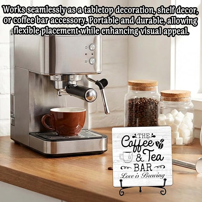 Coffee Bar Sign, Love is Brewing Farmhouse Tabletop Decor, Coffee and Tea Lover Gifts, 5x5 Wood Plaque with Iron Stand for Home Kitchen Cafe, Coffee Bar Decor – L09 - Image 4
