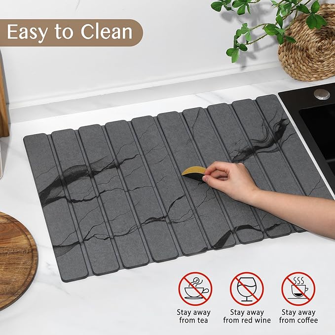 Large Stone Dish Drying Mat for Kitchen Counter, Thin & Light Quick Dry Stone Dishes Mats, Foldable Water Absorbing Diatomite Drying Pad for Kitchen Bathroom Sink Countertop (Gray Ink 24"×16" & 8"x4") - Image 6