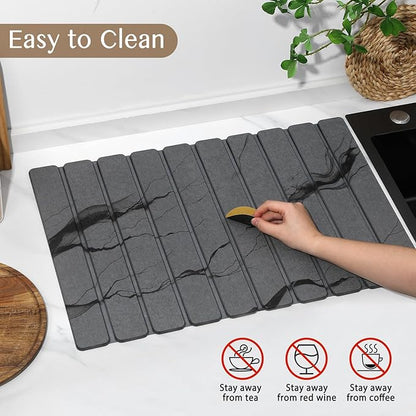 Large Stone Dish Drying Mat for Kitchen Counter, Thin & Light Quick Dry Stone Dishes Mats, Foldable Water Absorbing Diatomite Drying Pad for Kitchen Bathroom Sink Countertop (Gray Ink 24"×16" & 8"x4") - Image 6
