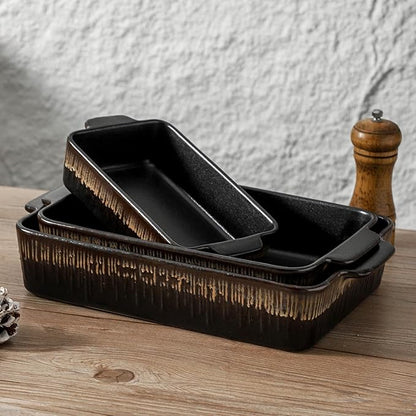 KOOV Bakeware Set, Ceramic Baking Dish, Rectangular Baking Pans Set, Casserole Dish for Cooking, Cake Dinner, Kitchen 9 x 13 Inches, 3-Piece, Stripe Series (Rough Black) - Image 4