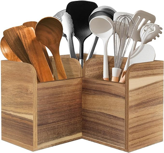 Acacia Wood Kitchen Utensil Holders for Countertop, Wooden Corner Utensils Holder with 3 Compartment, Farmhouse Utensil Caddy for Storage Cooking and Silverware, Opened Up Counter Space