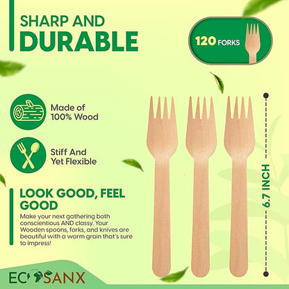 ECOSANX® 120 PCs Wooden forks for eating 6.5" Splinter Free Compostable Forks, Eco-Friendly Wooden Cutlery set for Party & Outdoor, Disposable forks for Camping, Events & More - Image 2