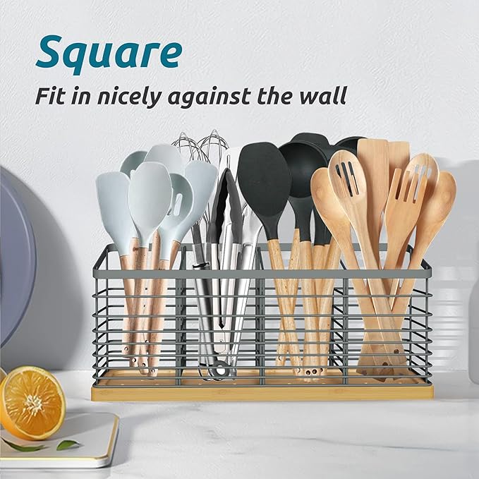 Suli Extra Large Kitchen Utensil Holder with 4 Compartments，Metal holder with Wooden Base for Kitchen Countertop，Farmhouse Cooking Utensil Storage, Rustic Cooking Utensil,Grey - Image 5