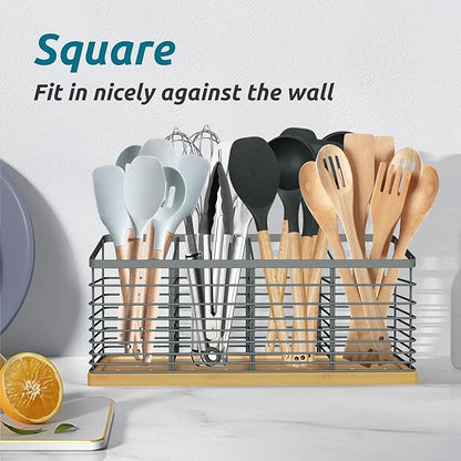 Suli Extra Large Kitchen Utensil Holder with 4 Compartments，Metal holder with Wooden Base for Kitchen Countertop，Farmhouse Cooking Utensil Storage, Rustic Cooking Utensil,Grey - Image 5