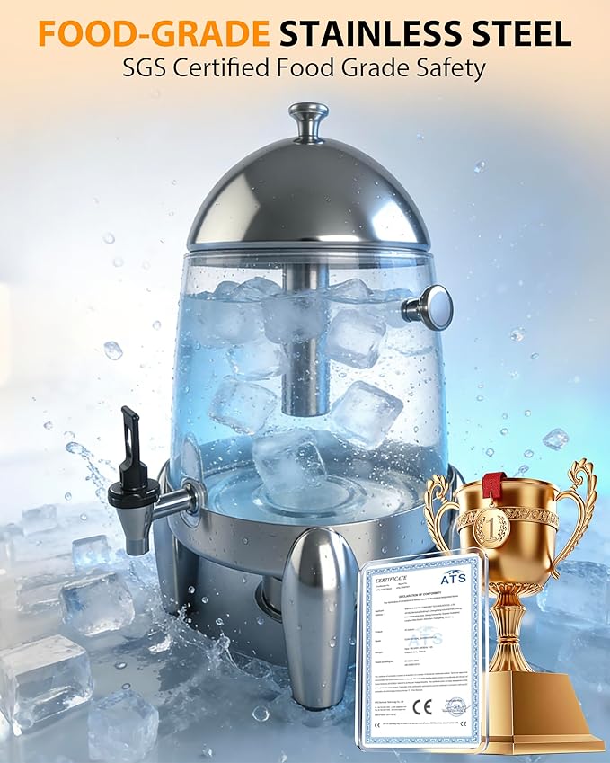 Beverage Dispenser with Stand, 3 Gallon Drink Dispenser for Parties,Events,Buffet &Self-Serve,Dual Ice Tube Core Fruit Infuser,Leakproof Spigot,Clear PC Container, Stainless Steel Lid&Base - Image 6