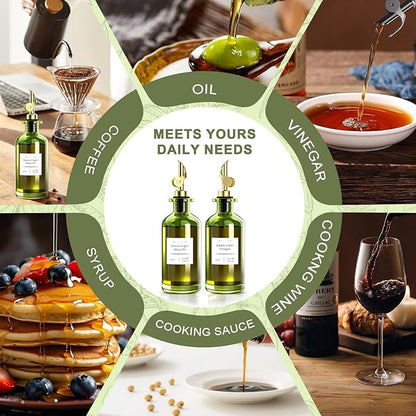 COOLMI Oil Dispenser for Kitchen - 12oz/350ml, Set of 2 Extra Thick Food Grade Glass Olive Oil Dispenser Bottle with Cleaning Brush, Stickers and Funnel (Gold)
