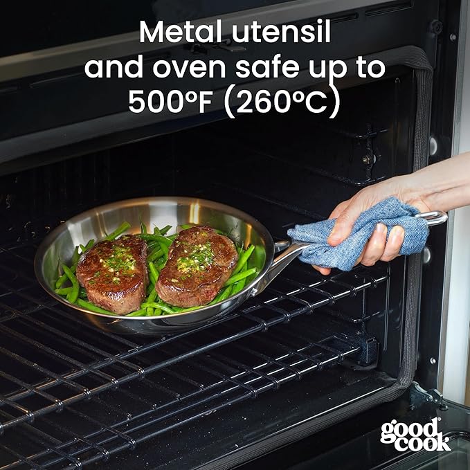 GoodCook Stainless Steel Fry Pan 10-Inch, Oven-Safe to 500F & Induction-Safe Compatible with All Stovetops 3-Layer Construction for Even Heating Non-Toxic PTFE & PFOA Free, Silver