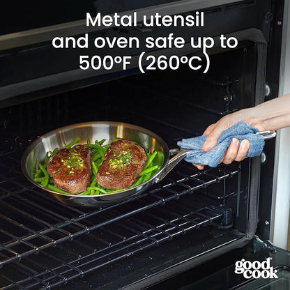 GoodCook Stainless Steel Fry Pan 10-Inch, Oven-Safe to 500F & Induction-Safe Compatible with All Stovetops 3-Layer Construction for Even Heating Non-Toxic PTFE & PFOA Free, Silver
