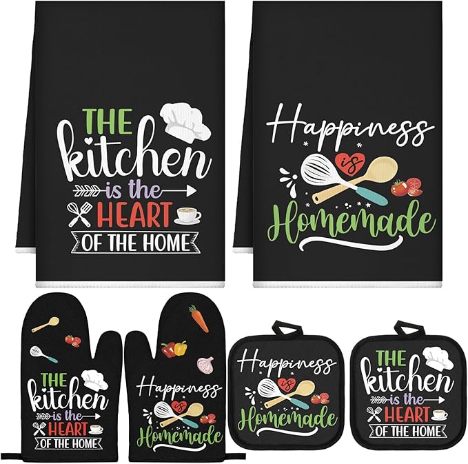 Sratte 6 Pcs Kitchen Decor Accessories Set Farmhouse Towels Pot Holders Oven Mitts Set 2 Dish Towels 2 Potholders 2 Cooking Mittens Oven Glove for Christmas Baking Cooking (Black Color) by Sratte