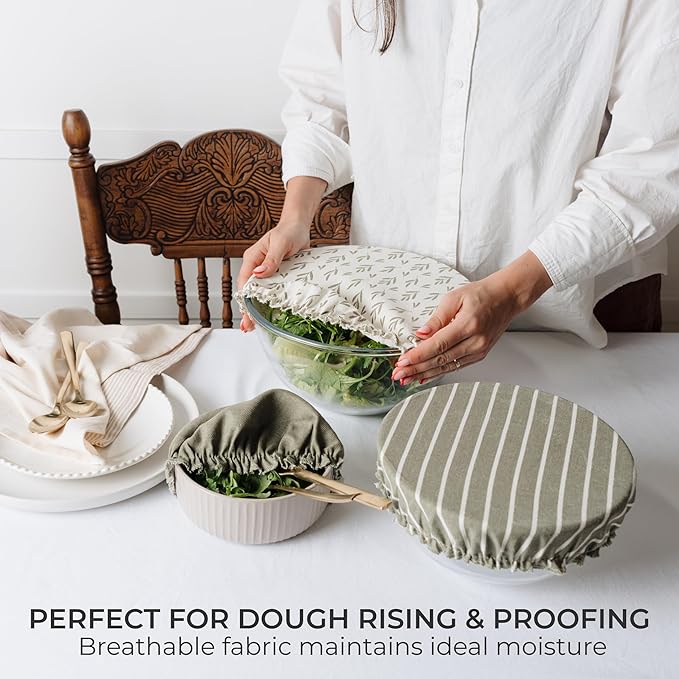 Beautiful Linen Cotton Blend Bowl Covers for Bread Proofing - Reusable Set of 3 in Varying Sizes Easily Fit Your Bowls 7" to 13" - Durable Fabric Covers, Ideal Sourdough Bread Baking Accessories - Image 3
