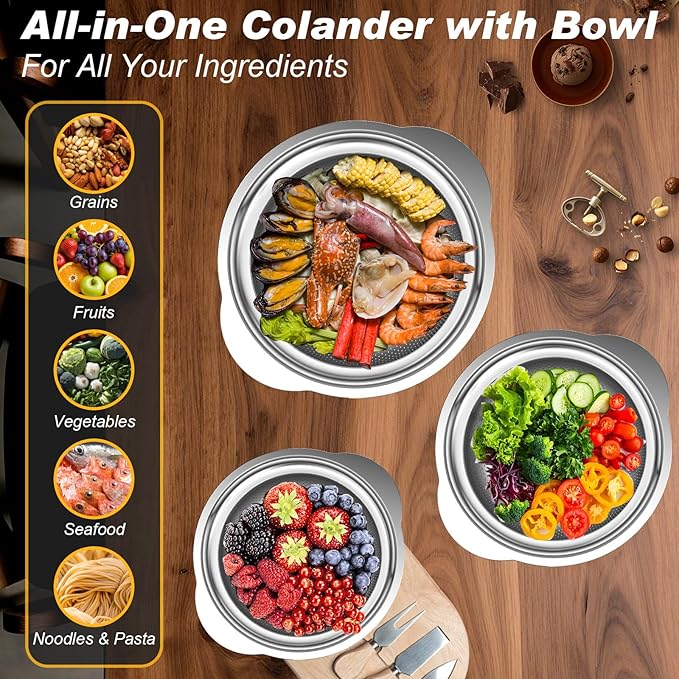Stainless Steel Colander, 3Pcs Strainer for Kitchen Food with Handle Kitchen Gadget Food Strainer Basket for Washing Vegetables, Fruits, Rice, and Pasta, (2+2QT Colander + 3QT Mixing Bowl) - Image 6