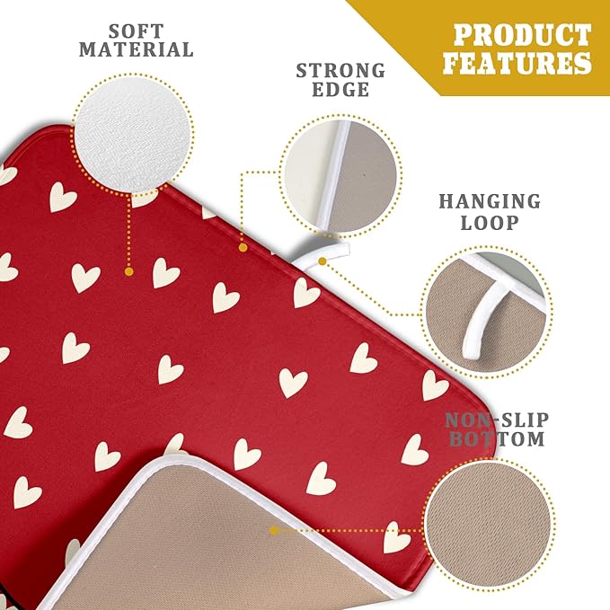 Giwawa Red Hearts Dish Drying Mat 16"x18", Valentines Day Symbol of Love Dish Drainer Mats, Romantic Reversible Dish Drying Rack Pad Protector for Kitchen Countertop Tabletop Small Decor