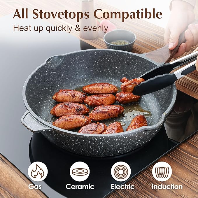 SENSARTE Nonstick Deep Frying Pan Skillet, 12-inch Saute Pan with Lid, Stay-cool Handle, Chef Pan Healthy Stone Cookware Cooking Pan, Induction Compatible, PFOA Free (Pack of 2) - Image 3