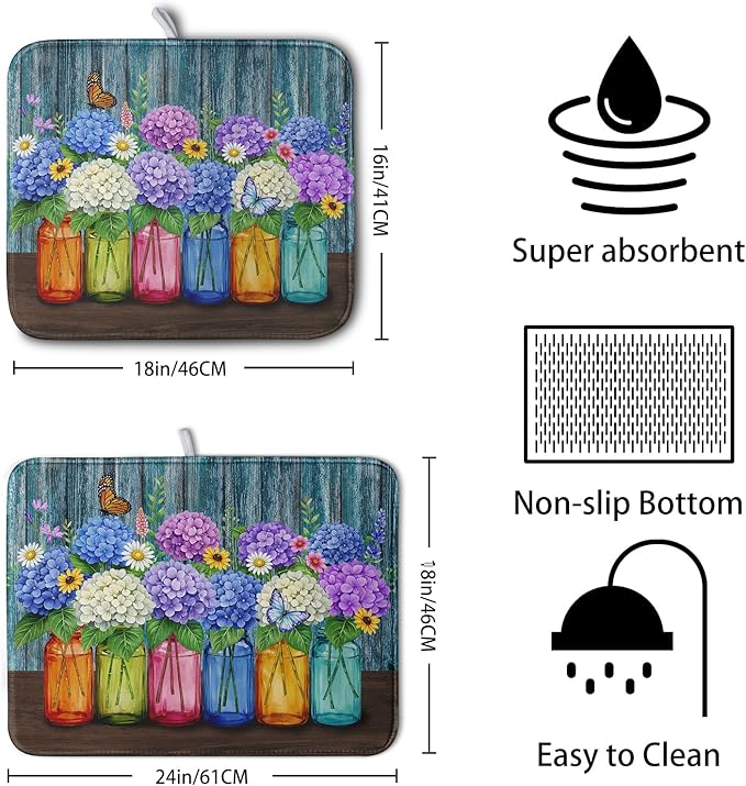 Hydrangea Dish Drying Mat Spring Summer Floral Jars Kitchen Drying Mats for Countertops Vintage Flower Vases Dish Draining Mat Microfiber Absorbent Dish Rack Pad 16x18 Inch - Image 2