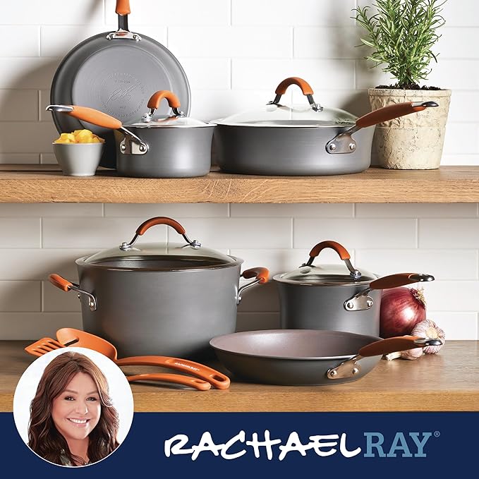 Rachael Ray Cucina Dishwasher Safe Hard Anodized Nonstick Cookware Pots and Pans Set, 12 Piece, Gray with Orange Handles - Image 7
