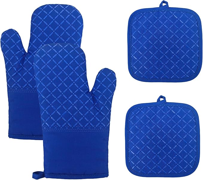 Oven Mitts and Pan Racks 4-Piece Set, Extended Kitchen Oven Mitts and Pan Racks, Heat Resistant 500 °F, Silicone Non-Slip Surface for Baking and Cooking (Blue) by Unknown