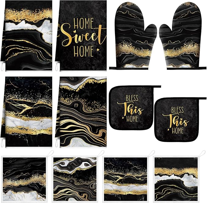 Bencailor 12 Pcs Marble Kitchen Decor and Accessories Sets 4 Black and Gold Marble Kitchen Towels 4 Farmhouse Absorbent Dishcloths 2 Pot Holders 2 Oven Mitts Gloves for Home Decor Mom Gifts