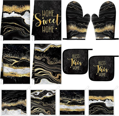 Bencailor 12 Pcs Marble Kitchen Decor and Accessories Sets 4 Black and Gold Marble Kitchen Towels 4 Farmhouse Absorbent Dishcloths 2 Pot Holders 2 Oven Mitts Gloves for Home Decor Mom Gifts
