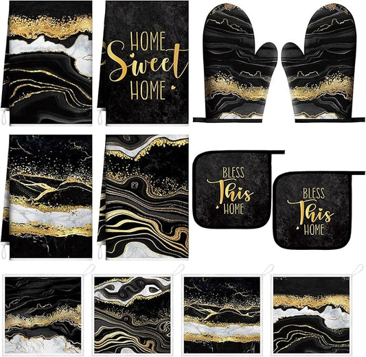 Bencailor 12 Pcs Marble Kitchen Decor and Accessories Sets 4 Black and Gold Marble Kitchen Towels 4 Farmhouse Absorbent Dishcloths 2 Pot Holders 2 Oven Mitts Gloves for Home Decor Mom Gifts
