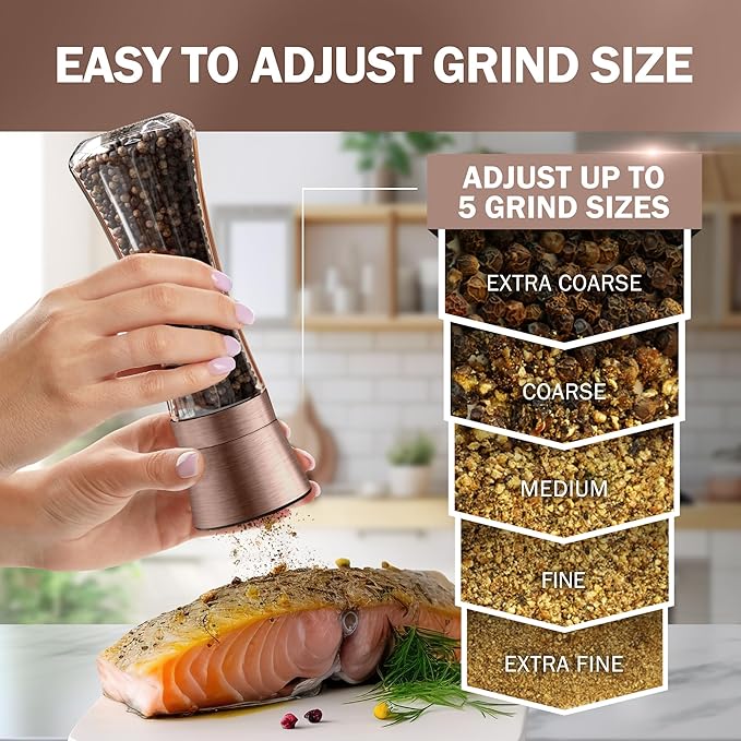 HOME EC Original Stainless Steel Salt or Pepper Grinder 1pk - Adjustable Ceramic Sea Salt Grinder or Pepper Mill - Tall Glass Spice Shaker - Spice Mill w/Ebook (Copper) - Image 3