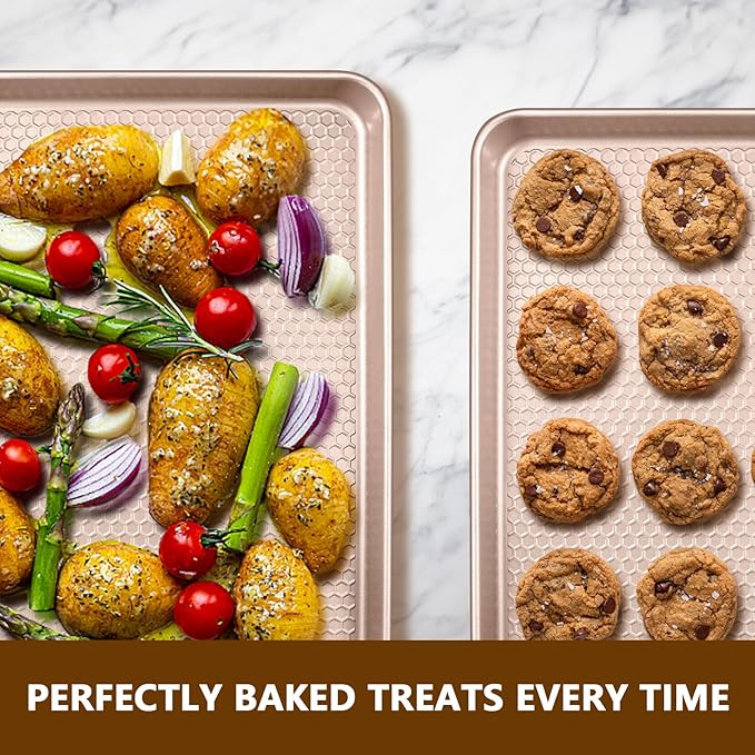 Wildone 2 Pack Half Sheet Baking Pans, Honeycomb Embossed Nonstick Baking Sheet 17.5x12 In, Thicker Carbon Steel Cookie Sheet, Even Heating & Warp Resistant, Rose Gold - Image 6