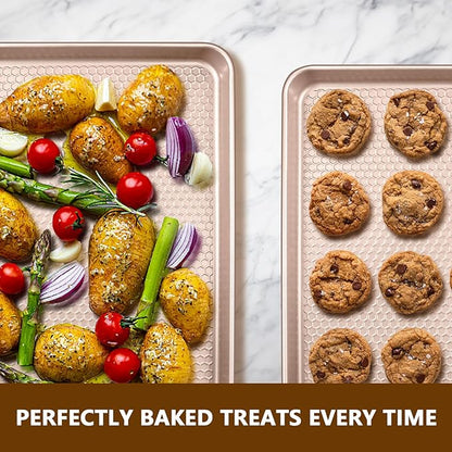 Wildone 2 Pack Half Sheet Baking Pans, Honeycomb Embossed Nonstick Baking Sheet 17.5x12 In, Thicker Carbon Steel Cookie Sheet, Even Heating & Warp Resistant, Rose Gold - Image 6