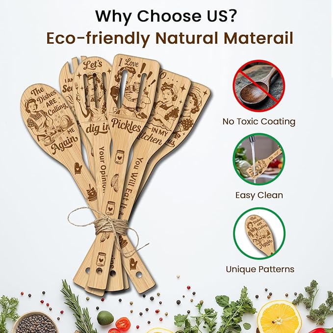 CUTHOLLOW 6PCS Retro Housewife Wooden Kitchen Cooking Utensil Set, 11.9in Non Toxic Bamboo Wood Spoon Set for Cooking, Best Housewarming Birthday Thanksgiving Christmas Gift for Women Mother