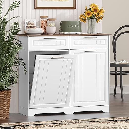 Double 10 Gallon Tilt Out Trash Can Cabinet with Deodorizing Function and Power Outlet, Wooden Hidden Garbage Can Holder with 2 Storage Drawers for Kitchen, Laundry Hamper Cabinet for Bathroom, White