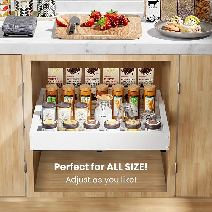 1 Pack Pull out Cabinet Organizer, Width (10"-16") Depth (17"-25"), with 3 Rails Adjustable Slide, Expandable Pullout Drawers for Cabinets, No Drill Adhesive Kitchen Drawers for Pantry Shelves - Image 8