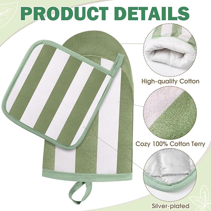 Reallnaive Oven Mitts and Pot Holders 4 Pcs Set for Kitchen, Stripe Cotton Oven Mitten Gloves Hot Pads Heat Resistant 500°f Outdoor Indoor Garden Baking Cooking BBQ Gift Hanging Loop, Beige (Green) - Image 3