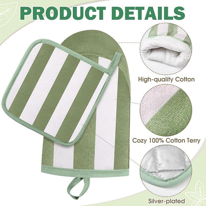 Reallnaive Oven Mitts and Pot Holders 4 Pcs Set for Kitchen, Stripe Cotton Oven Mitten Gloves Hot Pads Heat Resistant 500°f Outdoor Indoor Garden Baking Cooking BBQ Gift Hanging Loop, Beige (Green) - Image 3