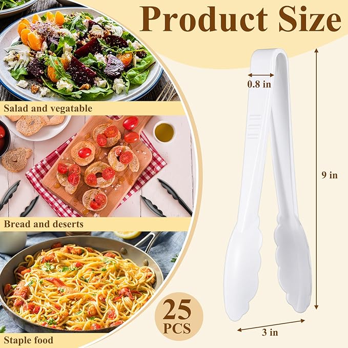 Tessco for you 25 Pcs Plastic Tongs for Serving Bulk, 9 Inch Plastic Disposable Serving Tongs, Heavy Duty Salad Tong for Kitchen, Buffet, BBQ, Events & Catering (White) - Image 2