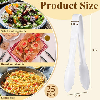 Tessco for you 25 Pcs Plastic Tongs for Serving Bulk, 9 Inch Plastic Disposable Serving Tongs, Heavy Duty Salad Tong for Kitchen, Buffet, BBQ, Events & Catering (White) - Image 2