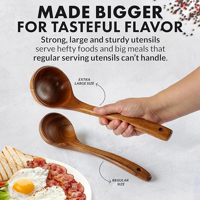 Zulay Kitchen Extra-Large 5-Piece Wooden Spoon Set - Smooth Teak Cooking Utensils - Comfort-Grip Non-Stick Turner, Spatula, Skimmer, Fork, Serving Spoon - Image 3