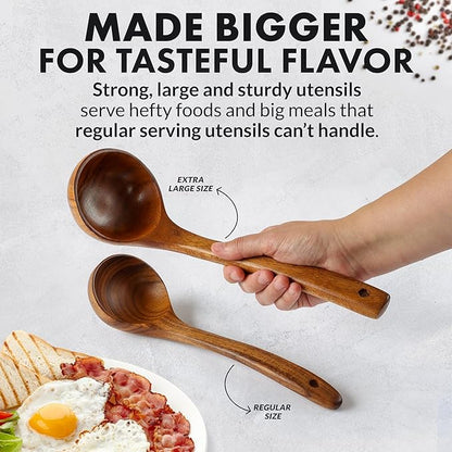Zulay Kitchen Extra-Large 5-Piece Wooden Spoon Set - Smooth Teak Cooking Utensils - Comfort-Grip Non-Stick Turner, Spatula, Skimmer, Fork, Serving Spoon - Image 3