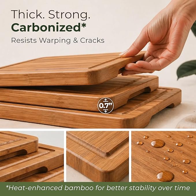 Wood Cutting Board Set of 3 with Holder - Sturdy & Easy to Clean Bamboo Wooden Cutting Boards for Kitchen - 3 Sizes of Chopping Board with Juice Grooves for Meal Prep, Everyday Use, Housewarming Gift