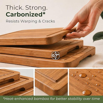 Wood Cutting Board Set of 3 with Holder - Sturdy & Easy to Clean Bamboo Wooden Cutting Boards for Kitchen - 3 Sizes of Chopping Board with Juice Grooves for Meal Prep, Everyday Use, Housewarming Gift