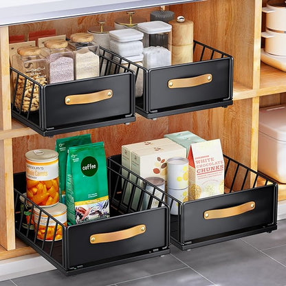 Pull out Cabinet Organizer,Heavy Duty Slide out Pantry Shelves Drawer Storage with Adhesive Nano Film,Sliding Mesh Cabinet Basket with Handle for Kitchen, Bathroom, Home, 11.8"W X 15.7"D X6.2"H,Black