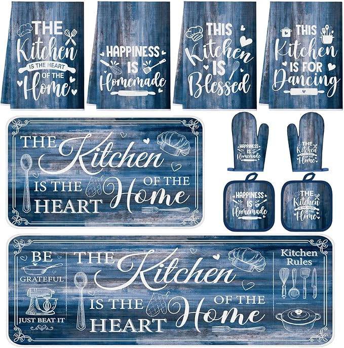 Fourluoo 10 Pcs Farmhouse Kitchen Decor and Accessories Set 4 Kitchen Towels 2 Pot Holders 2 Oven Mitts 2 Rugs for Cooking Baking Mom Housewarming Gifts(Blue,Classic Style) by Fourluoo