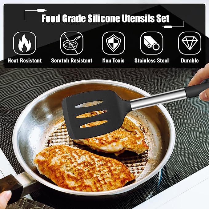 E-far 14 Pieces Silicone Cooking Utensils Set, Kitchen Utensils Set with Holder, Spatula, Ladle, Spoon, Tong, Slotted Turner for Nonstick Cookware, Heat Resistant & Stainless Steel Handle, Black - Image 3