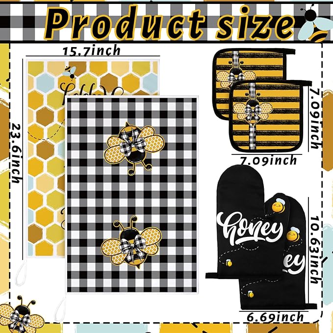 Leinuosen 6 Bee Kitchen Towels Kitchen Decor and Accessories Set Floral Plant Oven Mitts and Pot Holders Sets Farmhouse Absorbent Dish Towels for Cooking Baking Grilling - Image 3