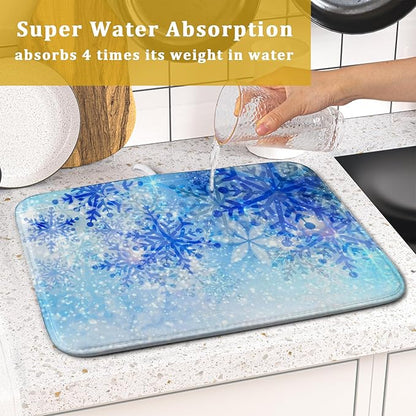 Giwawa 16"x18" Winter Blue Snowflakes Dish Drying Mat Christmas Snow Falling Nature Ice Dish Drainer Mats for Kitchen Microfiber Reversible Dish Drying Rack Pad for Countertop Tabletop Decor