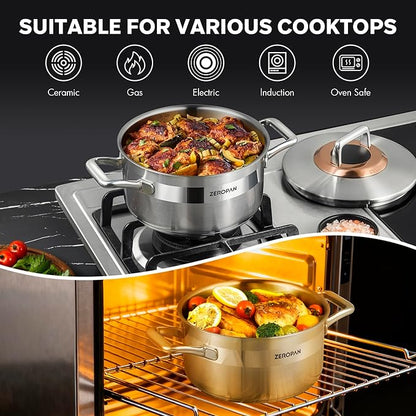 Hybrid Nonstick 4-Quart Stockpot,9.5 Inch Stainless Steel Stockpot with Lid,Non-stick Soup Pot,PFAS PFOA PTFE Free,Dishwasher-Friendly, Oven-Safe Up to 600°F,Compatible with All Cooktops